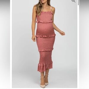 Mauve Satin Smocked Fitted Maternity Midi Dress